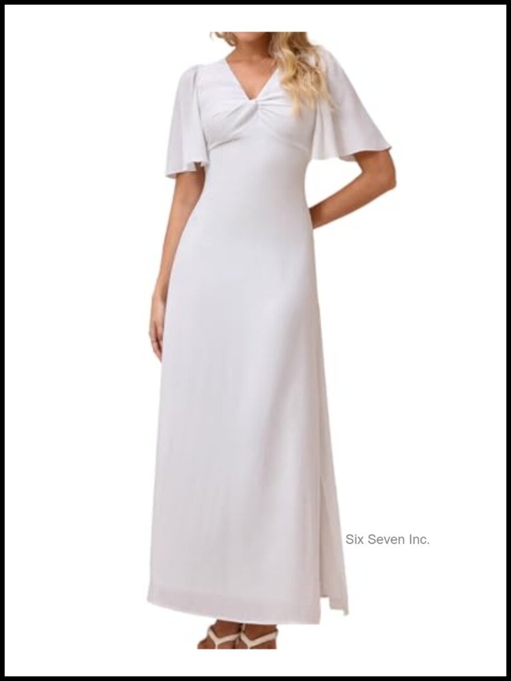 Women's Casual Maxi Dress V-Neck Twist Front Flutter Sleeve A-Line Side Slit